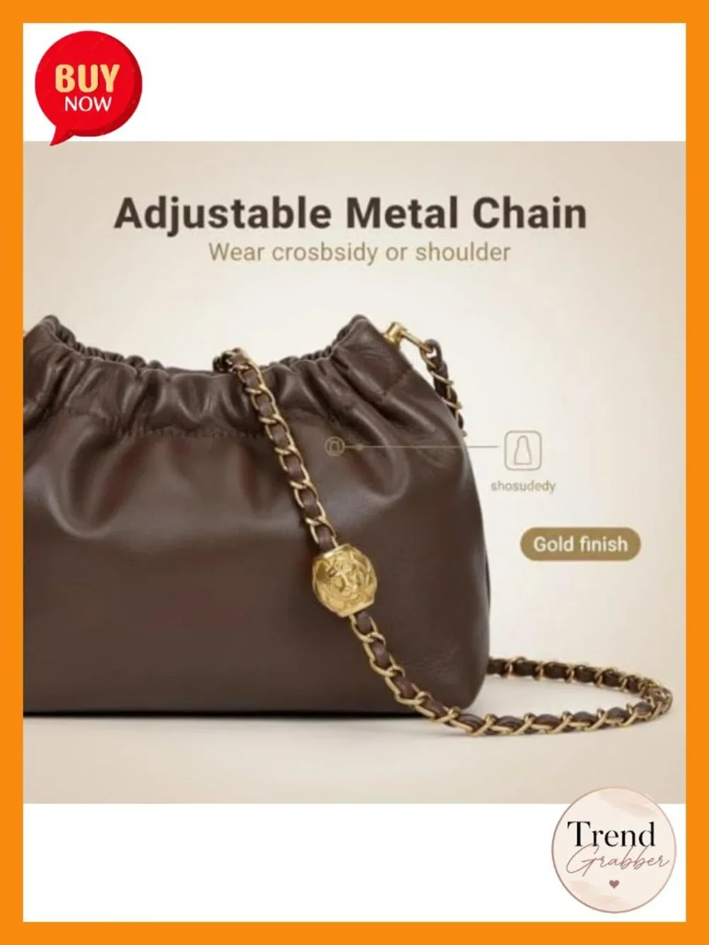 Genuine Leather Hobo Bag - Convertible Shoulder & Crossbody Chain Strap
